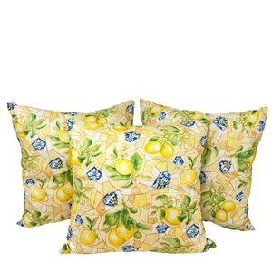 Lemon Print Tuscan Mosaic Tile Cotton Fabric Throw Pillows 16" Square - Set 3